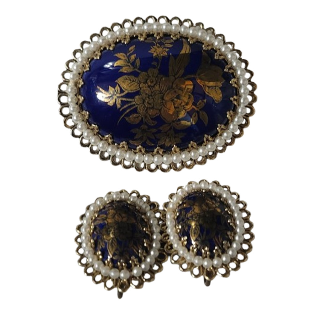 Vtg Japan Blue Gold Enamel Faux Pearl Floral Pin Brooch Earrings Set